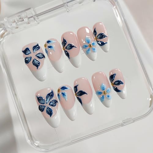 BRKYKGK Medium Almond Press on Nails with 3D Floral Design - Style18
