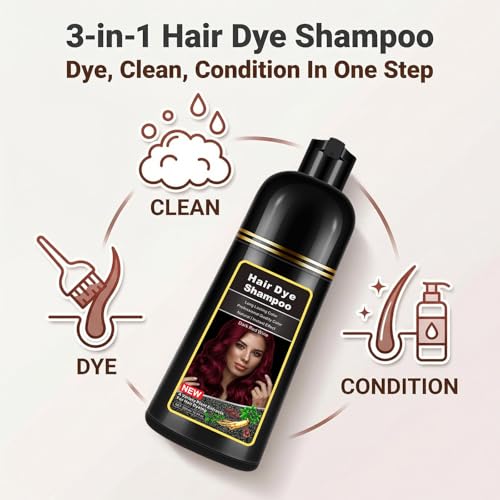 Dark Wine Red Hair Dye Shampoo 3-in-1 for Gray Hair - 17.6 Fl Oz, Herbal Formula
