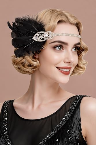 BABEYOND Black 1920s Flapper Feather Headband, Great Gatsby Vintage Headpiece