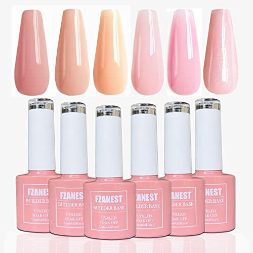 FZANEST Builder Base Gel Polish Kit, 6pcs Sheer Nude Pink Self-Leveling Gel