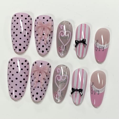 BABALAL CNF000 Reusable Medium Almond Press On Nails with Pink French Tips & Bling Charms