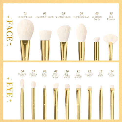 DUcare 15-Piece Gold Makeup Brush Set - Professional Synthetic Brushes