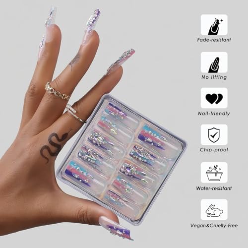 Rainbow Colorful Stripes & Rhinestones Press On Nails - Long Square, Hand-Set, 24 Count