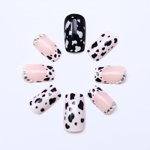 24 Pcs Short Square French Tip Press-On Nails with Glitter Rhinestones
