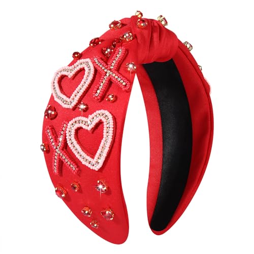 NVENF Love Heart Knotted Headband with Bead XO - Red & Pink Rhinestone