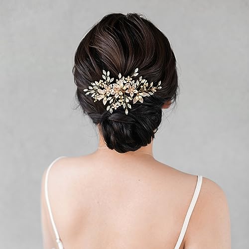 SWEETV Gold Pearl Flower Bridal Hair Comb - Handmade Wedding Accessory