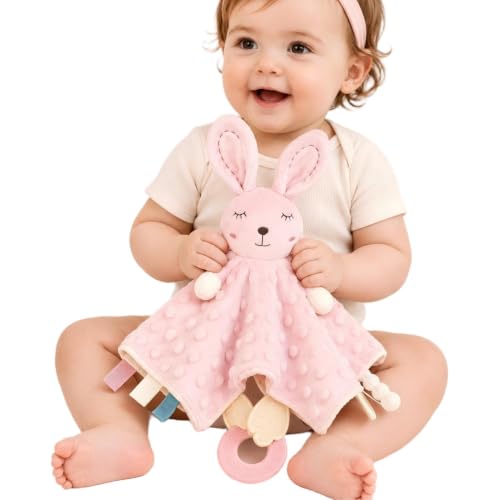 ZIGJOY Pink Bunny Security Blanket for Baby Girls - 4-in-1 Sensory Lovey