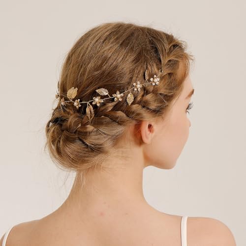 ALUINN Gold Bridal Hair Vine with Pearl & Flower Accents