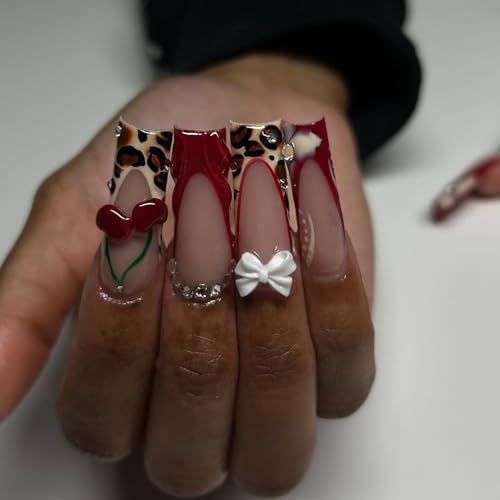 RIICFDD Styl 2 Long Press Square Leopard Print Fake Nails with Glue Set