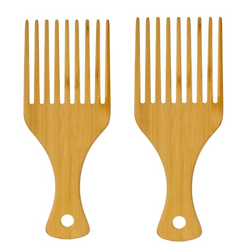 Bamboo Afro Hair Pick Comb Set - 2 Pack Wide Tooth Detangling Combs