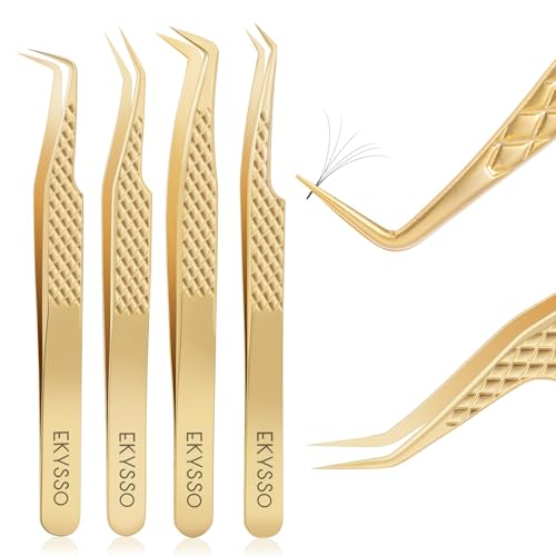 Gold Lash Tweezers Set - 4 Pack Precision Eyelash Extension Tools