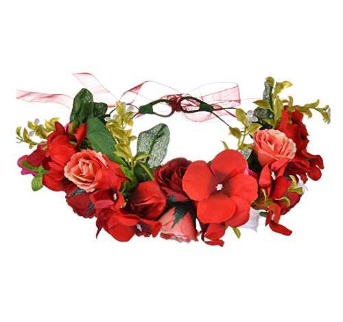LLinfflr Red Flower Garland Headband Rose Crown Floral Halo Headpiece - Adjustable
