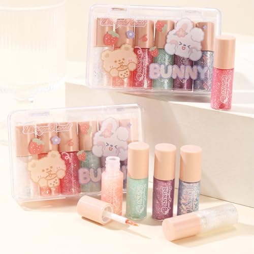 MooGlamor 6 Pcs Liquid Glitter Eyeshadow Set Waterproof Long-Lasting Transparent Bear