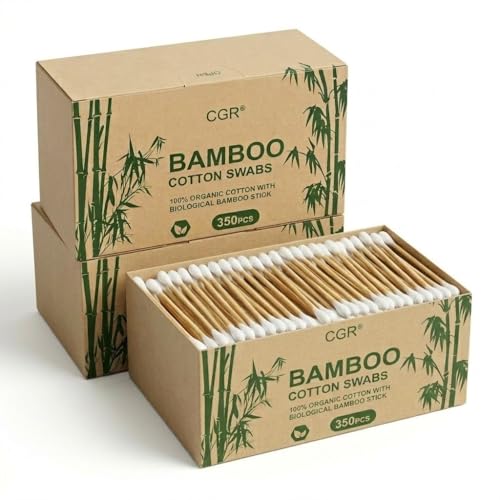 1050pcs CGR Organic cotton Swabs, 100% Cotton Double-Tipped, Bamboo Sticks(compostable), Travel Pack(3 Pack of 350 Swabs Total)