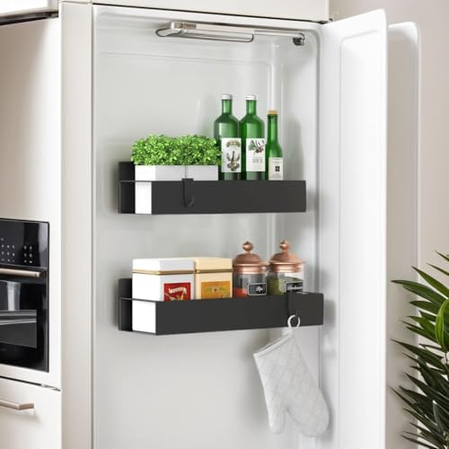 Magnetic Spice Rack Organizer - 2 Pack Black Metal Shelf for Fridge & Oven