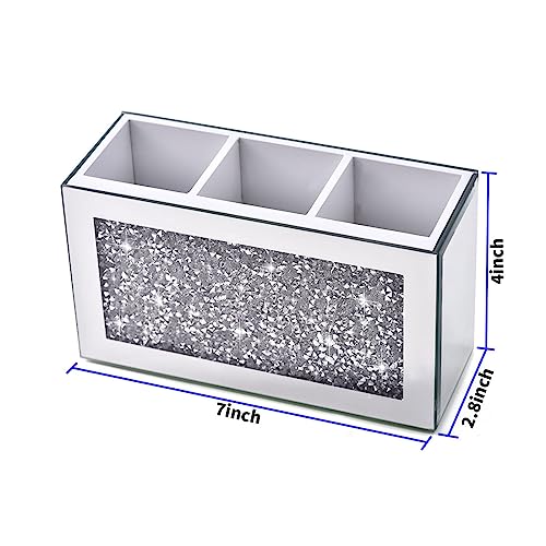 Amezey Mirrored Makeup Brush Holder with Crushed Diamonds, 3 Compartments
