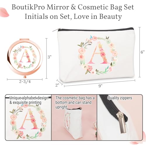 Rose Gold Personalized Initial Compact Mirror & Makeup Bag Set - Custom Gift for Women