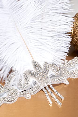 BABEYOND White 1920s Flapper Headband with Feathers & Crystals - Gatsby Costume Accessory