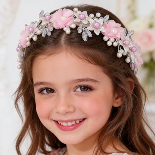 Campsis Pink Flower Headband with Pearls and Crystals for Girls & Women