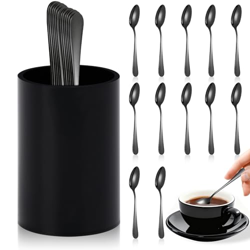 12-Piece Black Coffee Spoon Set with Holder - Mini 4.92 Inch Espresso Spoons