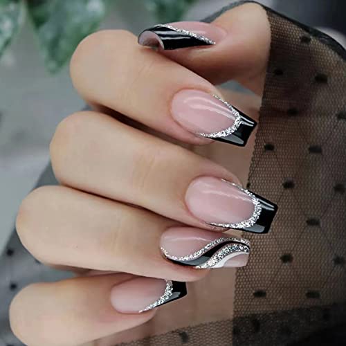 24PCS Medium Square Press-On Nails with Silver Glitter French Tips