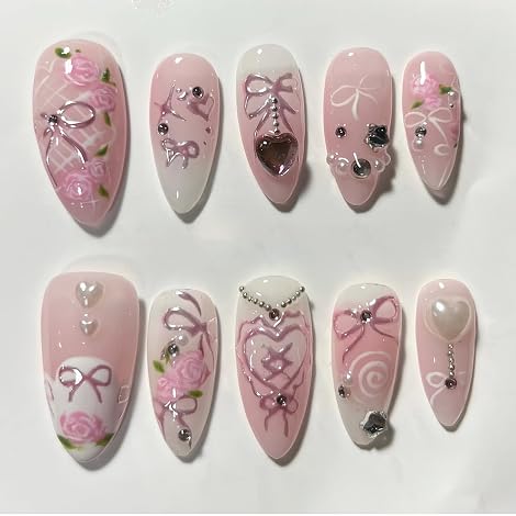 Cat Eye French Tip Press-On Nails - Nude & Pink Short Almond | Reusable Glue-On Nails with Gold Line for Weddings & Parties