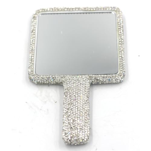 Square Silver Rhinestone Hand Mirror with Dazzling Bling for Makeup & Decor - Bestbling