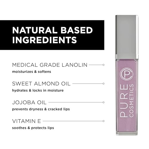 Pure Cosmetics LED Lip Gloss with Side Mirror - Nude Beach Sheer Tint, Non-Sticky Hydrating Lip Shine