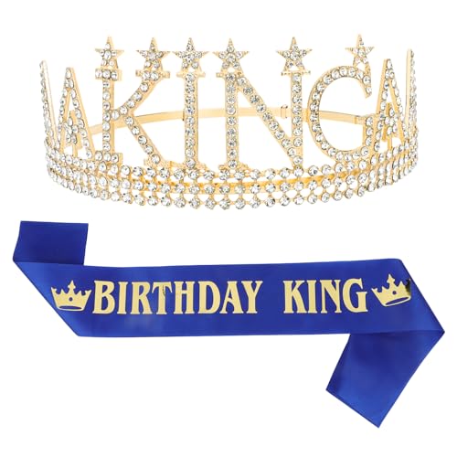 Gold King Crown & Sash Set for Birthday Party - Premium Tiara for Men, Adjustable, Amariver