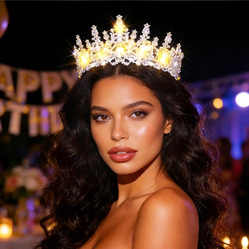 Urieo Light-Up Crystal Queen Crown LED Tiara for Prom and Bridal Parties