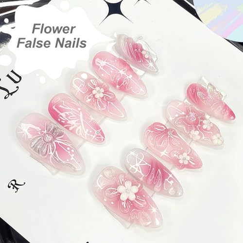 GJJBQTT Pink7 3D Flower Press-On Nails with Butterfly & Bow Design, Medium Almond Fake Nails, Reusable for Women