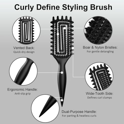 Matte Black Curl Defining Brush for Wet & Dry Hair - Detangling & Shaping Curls