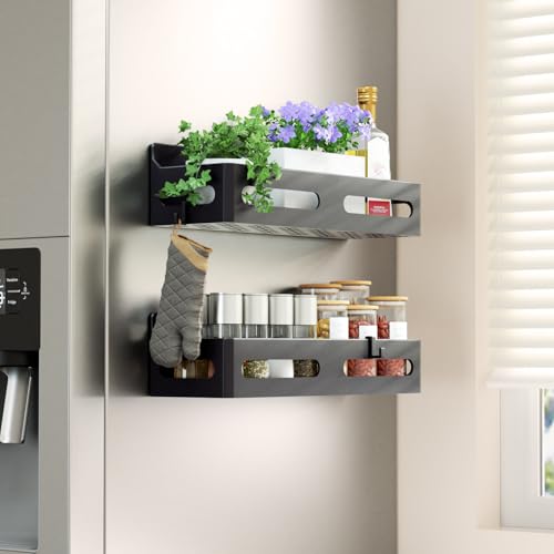 Magnetic Spice Rack Set with Hooks - 2-Pack Kitchen Organizer
