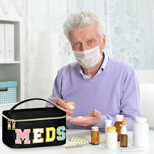 BuyCard Black Nylon Meds Cosmetic Pouch with Chenille 'MEDS' Letters Preppy Bag with Zipper & Handle