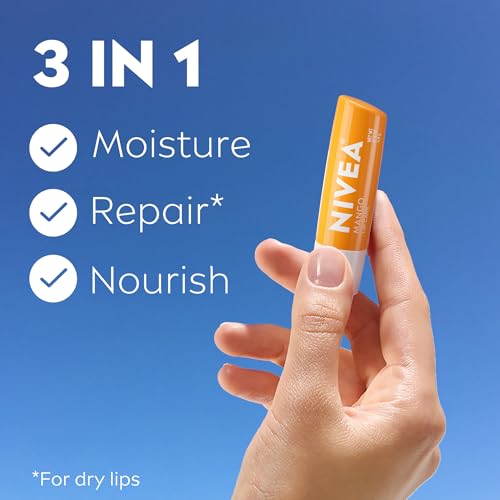 NIVEA Mango Lip Balm Pack of 4 - Hydrating Shea Butter Lip Care, 0.17 OZ Each