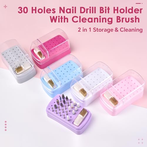 Pink 2-in-1 Nail Drill Bit Holder & Cleaning Brush Case - 30 Holes, Dustproof, Manicure Organizer