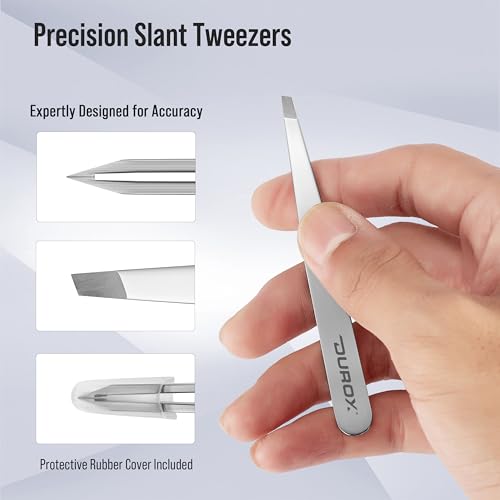 DuroX Precision Slant Tweezers for Eyebrows & Hair Removal - Stainless Steel, Fine Tips