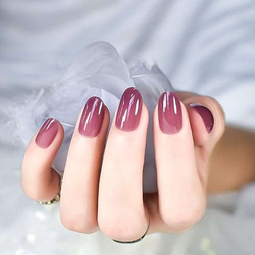 iBeautying Taro Red Press-On Nails - Medium Short Round Shape Kit