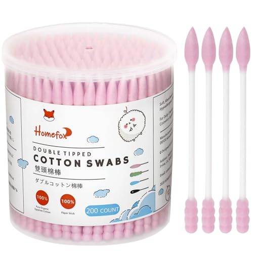HOMEFOX Pink Organic Cotton Swabs - 200 Count Spiral Tips