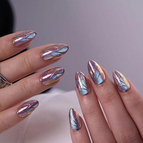 CurvLife Aurora Wings Blue Medium Almond Press On Nails - Soft Gel, Long-Lasting, Reusable Kit
