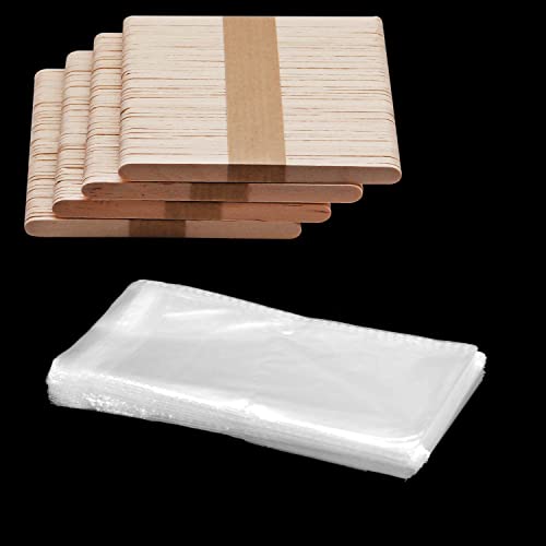200 Wooden Popsicle Sticks & Clear Bags for DIY Ice Cream Making