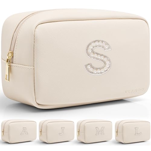 VLANDO Travel Makeup Bag with Pearl Monogram Patch - Beige S (White-S Variant)