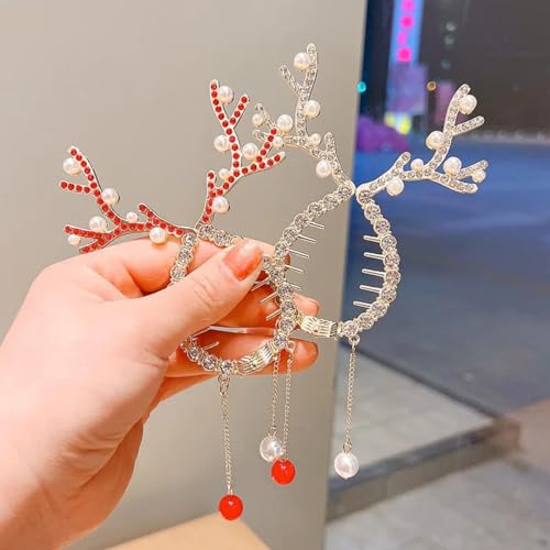Reindeer Christmas Hair Clips 2Pcs, Ponytail & Bun Holders, Rhinestone Pearl Design