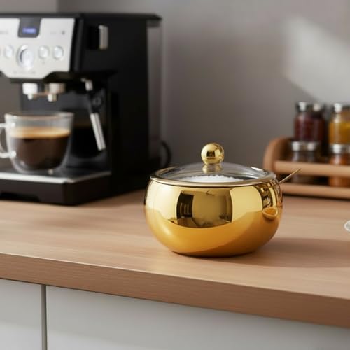 15oz Stainless Steel Sugar Bowl with Glass Lid & Spoon - Gold