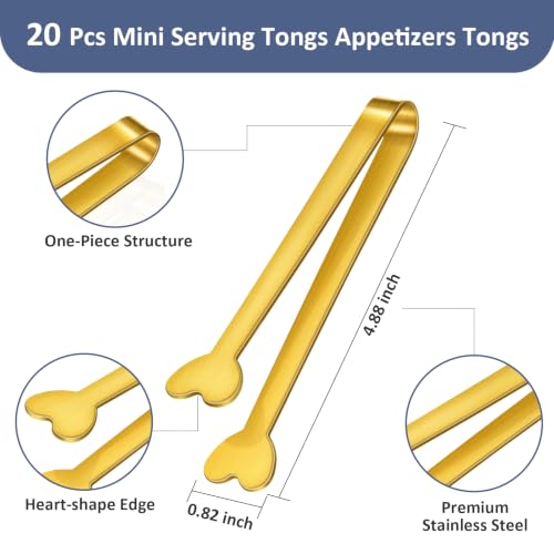 Lazycorner 20-Pack Mini Serving Tongs - Stainless Steel Appetizer Tongs (5" Gold)