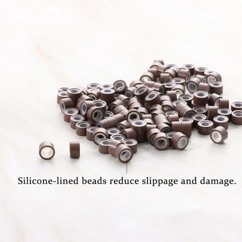 1000pcs 5mm Brown Extension Beads,Silicone Lined Micro Rings,MicroLink I Tip Weft Sew in Beads for Fairy/Hair Tinsel and Feathers Extensions