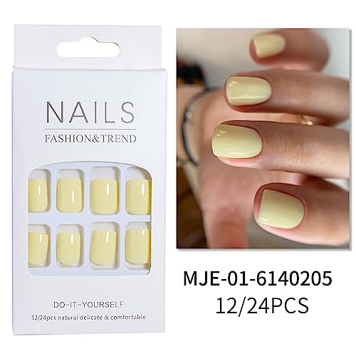 LPOODDNU 24Pcs Short Square Acrylic Press-On Nails - Light Yellow