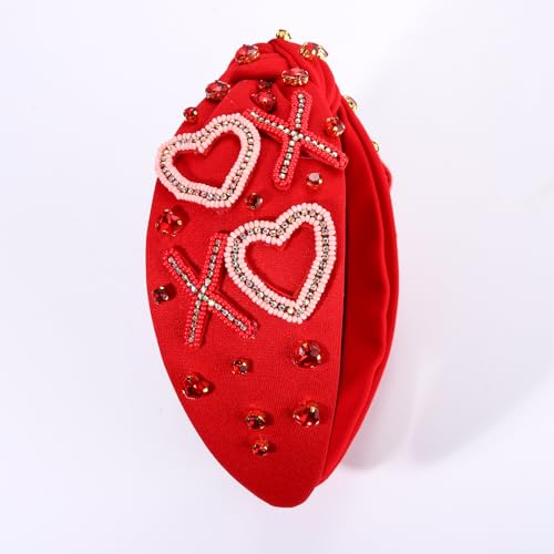 NVENF Love Heart Knotted Headband with Bead XO - Red & Pink Rhinestone