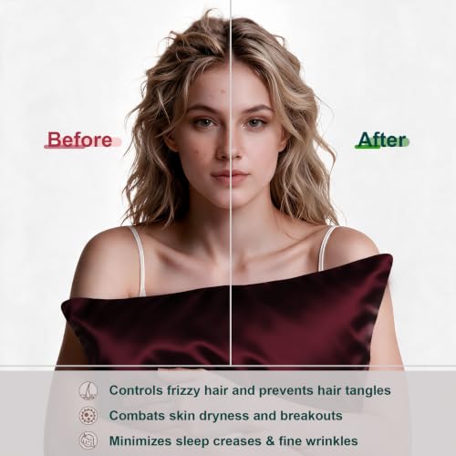 LYSHIN Mulberry Silk Pillowcase - Standard Size, Burgundy - Anti-Acne & Cooling