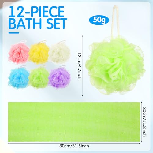 Funnymoom 12 Pcs Colorful Loofah Set - Yellow, Purple, Sky Blue, Beige, Pink, Neon Green
